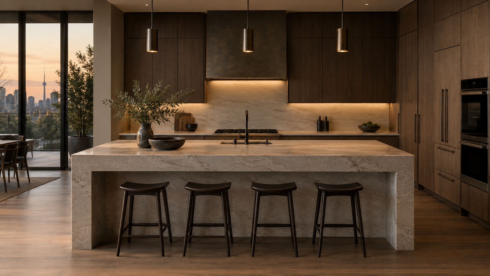 Kitchen design inspiration with walnut cabinetry and a stone island